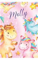 Molly: Personalized Name Unicorn Design on Pink Star Dream Fantasy Pattern, Lined Paper Note Book For Girls To Draw, Sketch & Crayon or Color (Kids Teens A