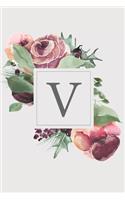 V: Pink Monogram Sketchbook - 110 Sketchbook Pages (6 x 9) - Soft Pink Roses and Peonies in a Watercolor Monogram Sketch Notebook - Personalized Initia