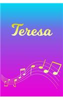 Teresa: Sheet Music Note Manuscript Notebook Paper - Pink Blue Gold Personalized Letter T Initial Custom First Name Cover - Musician Composer Instrument Com