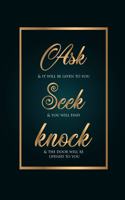 Ask Seek Knock Wirebound Notebook with a green and gold cover