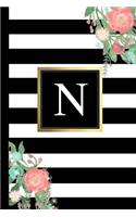 N: Black and White Stripes & Flowers, Floral Personal Letter N Monogram, Customized Initial Journal, Monogrammed Notebook, Lined 6x9 Inch College Ruled