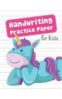 Handwriting Practice Paper for Kids: Blank Dotted Lined Sheets Writing Notebook Preschool Pre-K Kindergarten K-3 Students Cute Teal and Purple Unicorn Cover