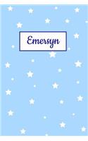 Emersyn: Personalized Name Journal. Wide Ruled (Lined) Writing Diary, Composition Book. Baby Blue Stars Cover for Girls, Kids and Teens