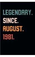 Blank Lined Journal, Notebook, Diary, Planner - Legendary Since August 1981 - 38th Birthday Gift For 38 Years Old Men and Women born in August