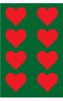 100 Page Unlined Notebook - Red Hearts on Green