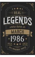 Real Legendes were born in March 1986: Vintage Birthday Notebook - Great Individual Gift for Writing Notes, Scribble and Reminders lined 6x9 Inch 100 Pages