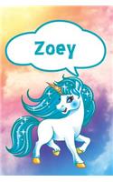 Zoey: Unicorn Personalized Name Notebook Journal Diary Sketchbook with 120 Lined Pages 6x9