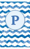 P: Initial Monogram Blank Journal College Rule Lined 6x9 Blue Watercolor Stripes