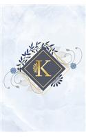 K: Marble, blue and golden initial monogram bullet journal. Chic blue marble and gold letter journal for diaries and notes or scrapbooking.