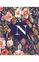 N: Monogram Initial N Notebook, Blank Wide-Ruled Lined Composition Journal for Women, Girls and School for note-taking, diary, stress relief (Floral Mo