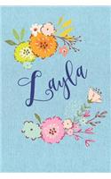 Layla: Personalized Name and Floral Design on Blue Teal Pattern, Lined Paper Note Book For Girls To Draw, Sketch & Crayon or Color (Kids Teens and Adult Jo