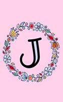 J: Letter J Monogrammed Initial Notebook - Pink, Blue & Red Floral Doodle Wreath Monogram Blank Lined Note Book, Writing Pad, Journal or Diary with Lin