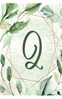 Notebook 6"x9" - Letter Q - Green Gold Floral Design: College-ruled, lined format exercise book with flowers, alphabet letters, initials series.