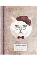 Composition Book - Wide Ruled LInes: Cute Cat with Glasses and Tartan Hat on Vintage Background