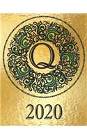 Weekly Planner Initial Monogram "Q" January 2020 - December 2020: Personalized 12-Month Large Print Letter-Sized Schedule Organizer by Week Printed and Designed in USA Metallic Gold Black Green Leaf(17 2020 Metallic Gold Bg - Elegant Black/Green Medallion)