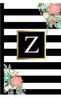 Z: Black and White Stripes & Flowers, Floral Personal Letter Z Monogram, Customized Initial Journal, Monogrammed Notebook, Lined 6x9 Inch College Ruled