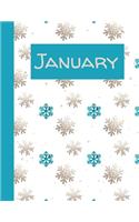 January: Monthly Notebook / Wide Ruled Lined / Journal A Month / Green and Gold Colored Snowflakes Background
