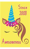 Awesomeness Since 2008: Brown Hair Unicorn Themed Journal for Girls Who Were Born in the Year 2008, Compact Handy Size Notebook with 1/2 Blank and 1/2 Wide Ruled Pages for 