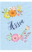 Assia: Personalized Name and Floral Design on Calm Sky Blue Pattern, Lined Paper Note Book For Girls To Draw, Sketch & Crayon or Color (Kids Teens and Adul