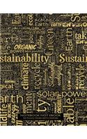 Notebook Not Ebook 120 ruled pages with margin: 8.5"x11" ruled notebook with sustainability word cloud in gold on black cover, perfect bound, ideal for composition notebook or journal