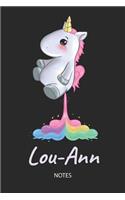 Lou-Ann - Notes: Noms Personnalisé Carnet de notes / Journal pour les filles et les femmes. Kawaii Licorne pétant arc-en-ciel. Accessoires de licorne amusants et fou