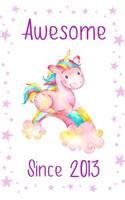 Awesome Since 2013: Cute Unicorn Birthday Journal, Notebook and Sketchbook: Purple and White Stars Unicorn Design