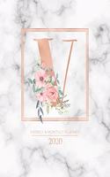 Weekly & Monthly Planner 2020 V: Rose Gold Marble Monogram Letter V with Pink Flowers (7.5 x 9.25 in) Horizontal at a glance Personalized Planner for Women Moms Girls and School