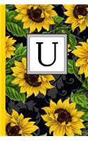 U: Floral Letter U Monogram Personalized Journal, Black & Yellow Sunflower Pattern Monogrammed Notebook, Lined 6x9 Inch College Ruled 120 Page Perfect 