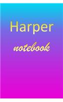 Harper: Blank Notebook - Wide Ruled Lined Paper Notepad - Writing Pad Practice Journal - Custom Personalized First Name Initial H Blue Purple Gold - Taking 