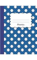 Phonics: Baseball Blank 4 x 4 Quadrille Squared Coordinate Grid Paper Blue Sports game ball cover Math & Science Exercise Note Book: Preschool, Kindergarten,