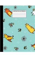 Composition Notebook: Cute Flying Orange Cats Pattern Wide Ruled Lined Note Book - Funny Blue Journal with Lines for Cat Lovers, Kids, Teens, Students or Teachers to Writ