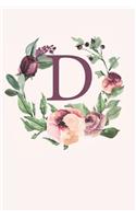 D: Monogram Sketchbook - 110 Sketchbook Pages (6 x 9) - Soft Pink Roses and Peonies in a Watercolor Monogram Sketch Notebook - Personalized Initial Let
