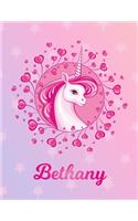 Bethany: Unicorn Large Blank Primary Handwriting Learn to Write Practice Paper for Girls - Pink Purple Magical Horse Personalized Letter B Initial Custom Fir