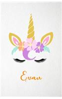 Evan A5 Lined Notebook 110 Pages: Funny Blank Journal For Lovely Magical Unicorn Face Dream Family First Name Middle Last Surname. Unique Student Teacher Scrapbook/ Composition Great