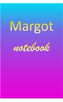 Margot: Blank Notebook - Wide Ruled Lined Paper Notepad - Writing Pad Practice Journal - Custom Personalized First Name Initial M Blue Purple Gold - Taking 