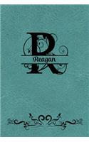 Split Letter Personalized Journal - Reagan: Elegant Flourish Capital Letter on Light Teal Leather Look Background