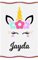 Jayda: Personal Notebook Personal Diary Unicorn Notebook Personalized Journal Customized Journal Unicorn Lover Personal Name Notebook