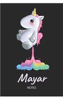 Mayar - Notes: Noms Personnalisé Carnet de notes / Journal pour les filles et les femmes. Kawaii Licorne pétant arc-en-ciel. Accessoires de licorne amusants et fou