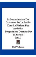 La Subordination Des Caracteres De La Feuille Dans Le Phylum Des Anthyllis