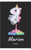 Marion - Notes: Noms Personnalisé Carnet de notes / Journal pour les filles et les femmes. Kawaii Licorne pétant arc-en-ciel. Accessoires de licorne amusants et fou