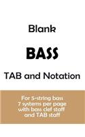 Blank Bass TAB and Notation: for 5-string bass, with 7 systems per page with bass clef staff and TAB staff