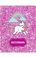 Sketchbook: Cute Unicorn Kawaii Notebook with Pink Glitter Effect Background, 100+ Pages, 8.5x11 Blank Paper with Unicorns and Doodles, Great Gift Idea for Girl(1 Cute Gifts for Girls)