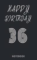 Happy 36th Birthday Notebook & Journal: 120 Pages, 6 x 9 unique B-day diary, black composition book with white typing, Birthday Gift