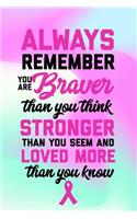 Always Remember You Are Braver Than You Think: Breast Cancer Journal: 6x9 Inch, 120 Page, Blank Lined Notebook