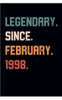 Blank Lined Journal, Notebook, Diary, Planner - Legendary Since February 1998 - 21st Birthday Gift For 21 Years Old Men and Women born in February: Medium College-Ruled Journey Diary, 110 page, Lined, 6x9 (15.2 x 22.9 cm)