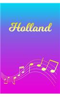 Holland: Sheet Music Note Manuscript Notebook Paper - Pink Blue Gold Personalized Letter H Initial Custom First Name Cover - Musician Composer Instrument Com