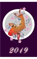 Weekly and Monthly Planner (January to December 2019): 12 Month Calendar Schedule Organizer with Notes Section, Agenda, Dot Grid Diary Journal, Address & Contact Pages; Koi Carp Fish, Purple Soft Cover