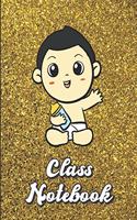 Class Notebook: Cute Baby Boy Character Gold Glitter Print Effect Background, Large Lined Notebook For Homewook, Studying, Class, Note Taking and more.