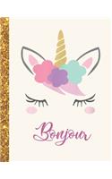 Bonjour: Bonjour Unicorn Personalized Black Paper SketchBook for Girls and Kids to Drawing and Sketching Doodle Taking Note Marble Size 8.5 x 11