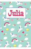 Julia: Personalized Named Unicorn Journal Notebook Pretty Magical Rainbows & Hearts Cover for Women and Girls Lined Pages